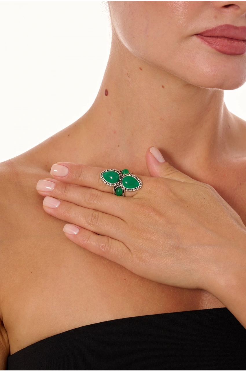 Kiraz Green Stoned Silver Plated Ring
