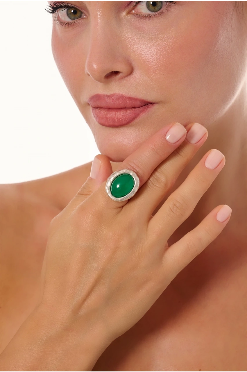 Kiraz Green Stoned Silver Plated Ring