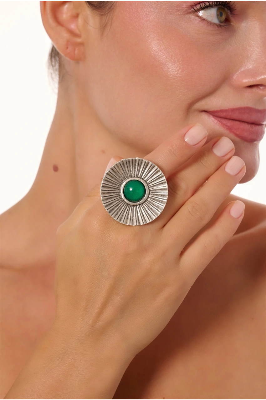 Kiraz Green Stoned Silver Plated Ring