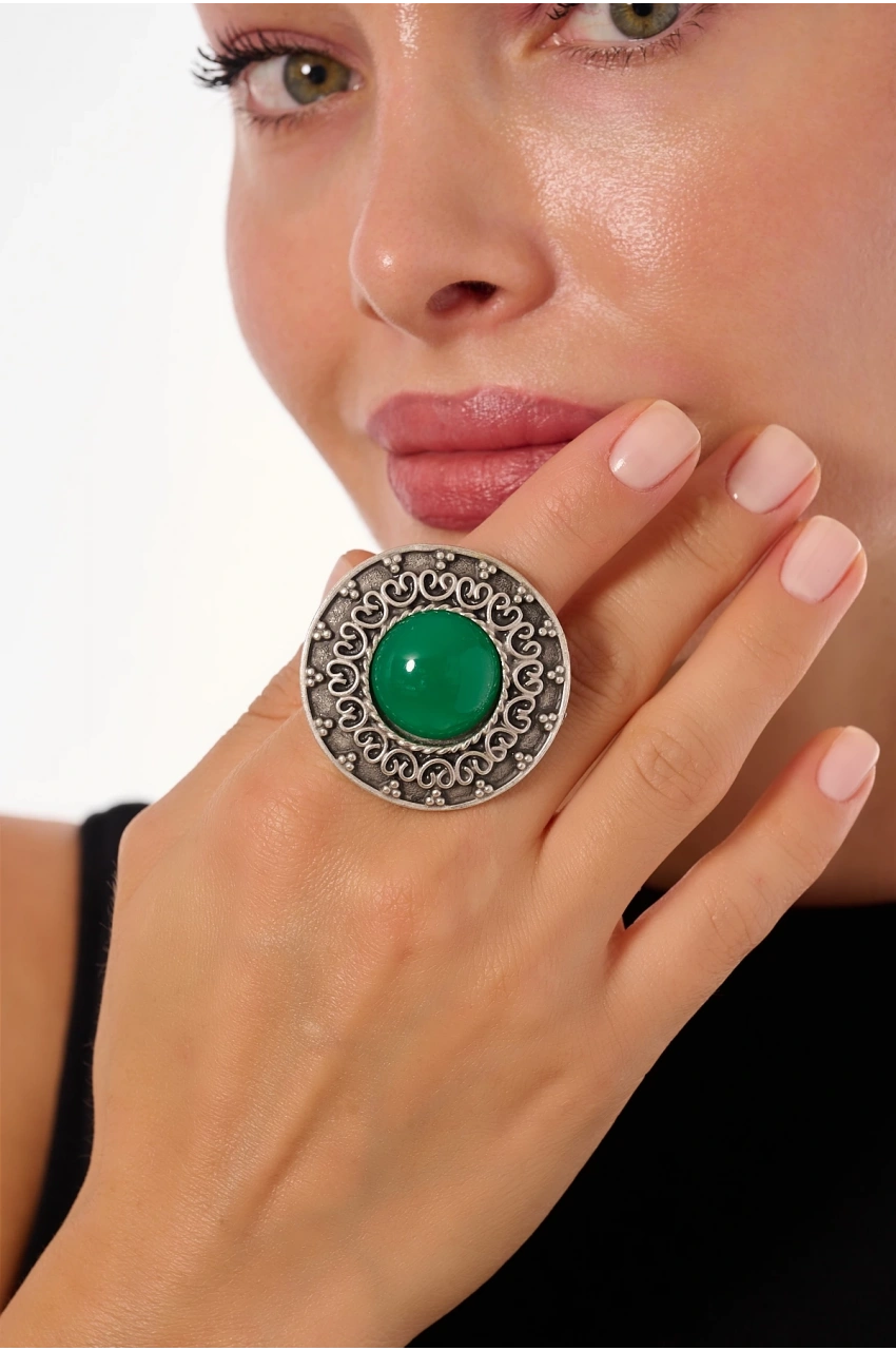 Kiraz Green Stoned Silver Plated Ring