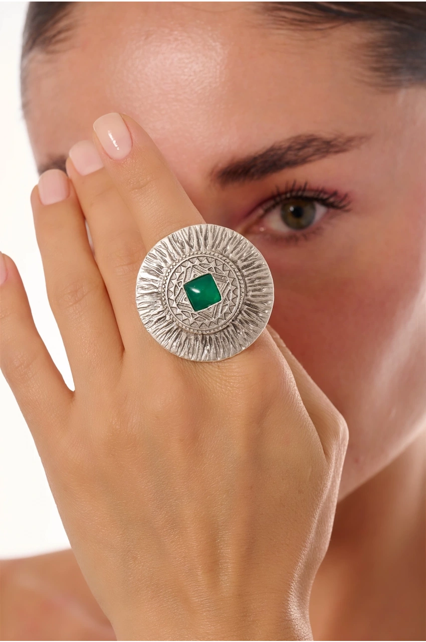 Kiraz Green Stoned Silver Plated Ring