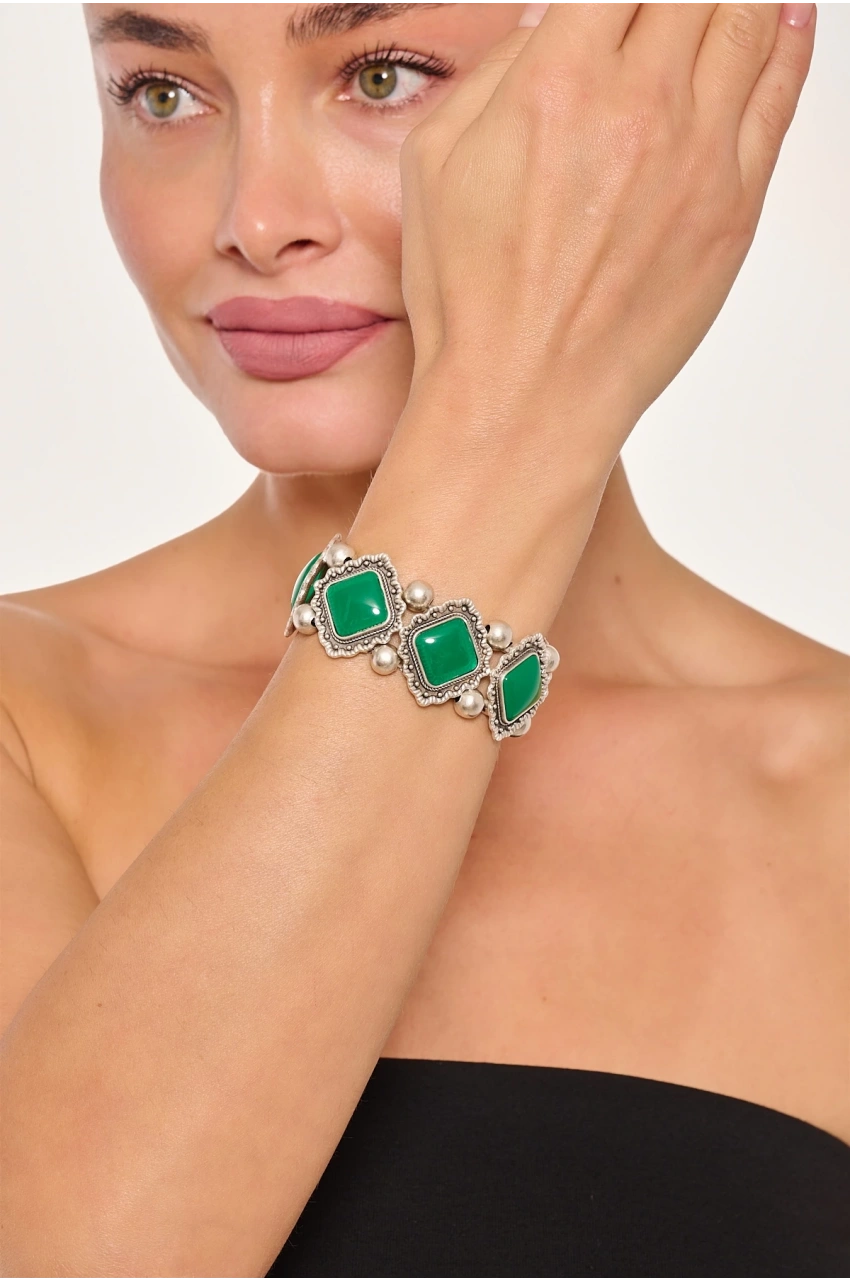Kiraz Green Stoned Elastic Silver Plated Bracelet
