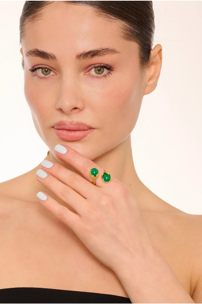 Kiraz Green Stoned Gold Plated Ring