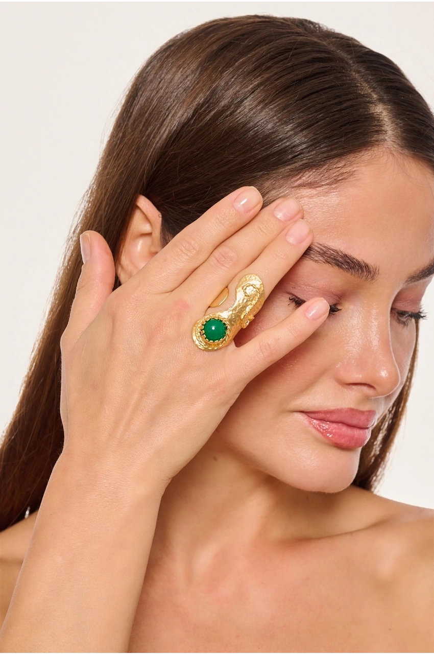 Kiraz Green Stoned Gold Plated Ring