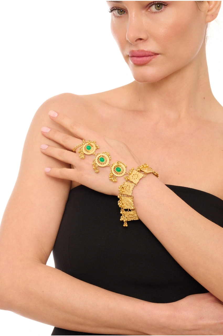Kiraz Green Stoned Gold Plated Shahmaran Bracelet