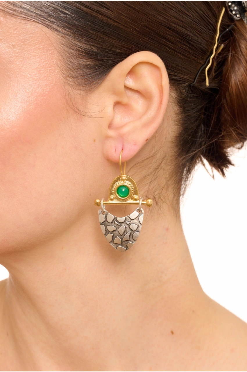 Kiraz Green Stoned Silver And Gold Plated Earring