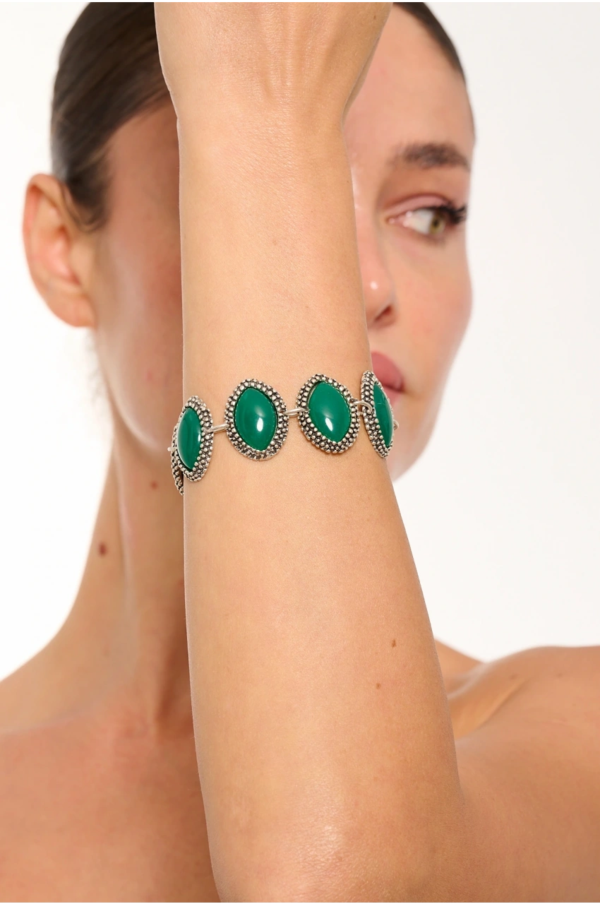 Kiraz Green Stoned Silver Plated Almond Bracelet