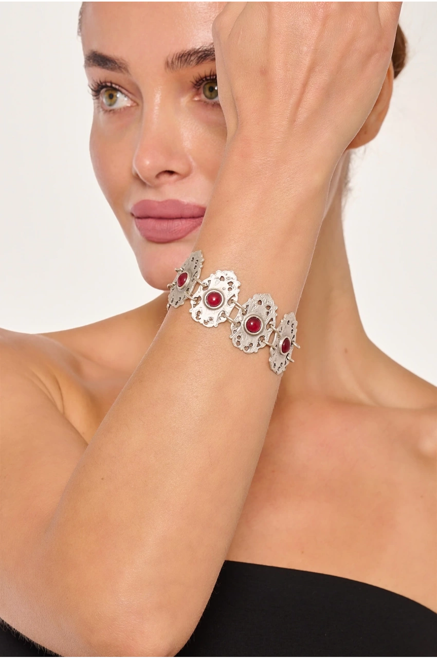 Kiraz Burgundy Stoned Silver Plated Bracelet