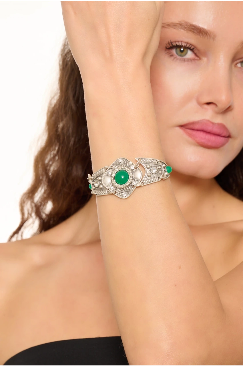 Kiraz Green Stoned Silver Plated Bracelet