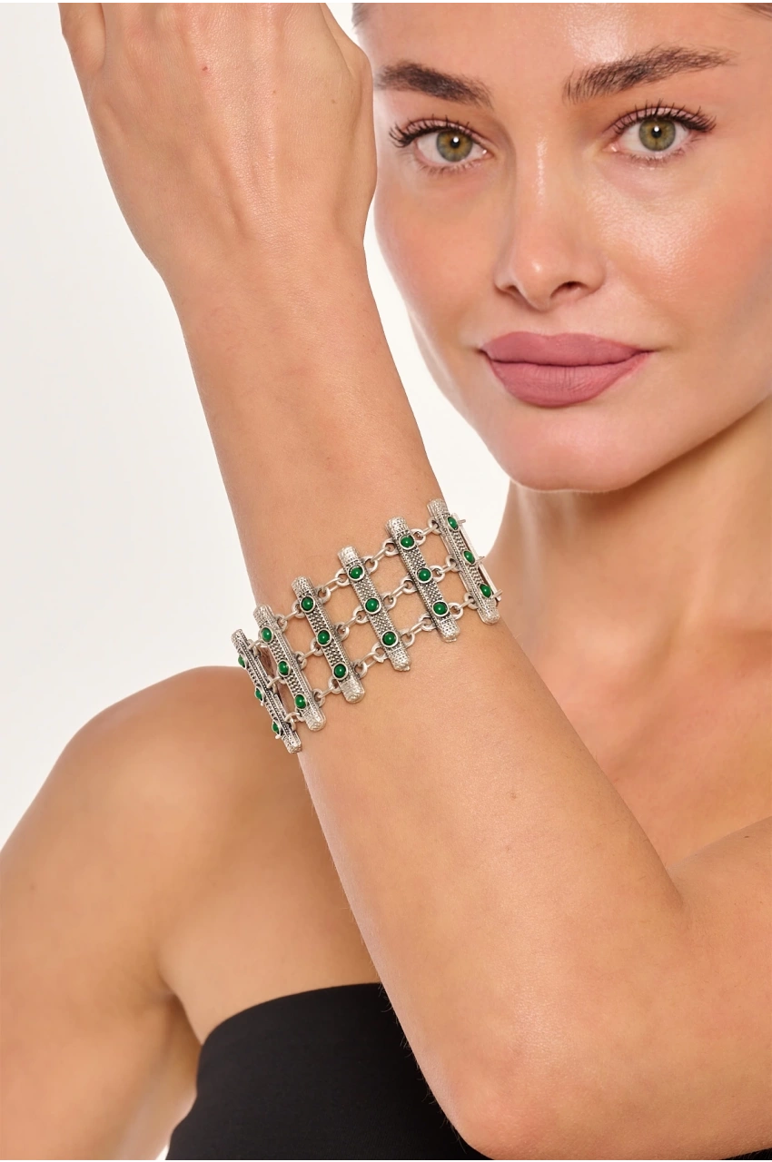 Kiraz Green Stoned Silver Plated Bracelet