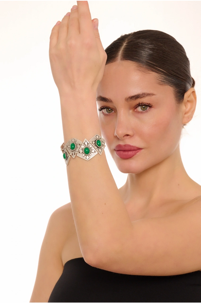 Kiraz Green Stoned Silver Plated Bracelet