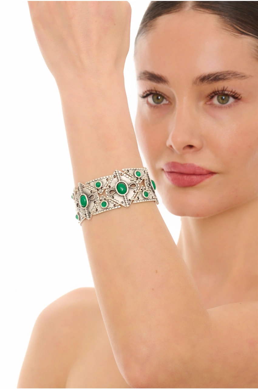 Kiraz Green Stoned Silver Plated Bracelet