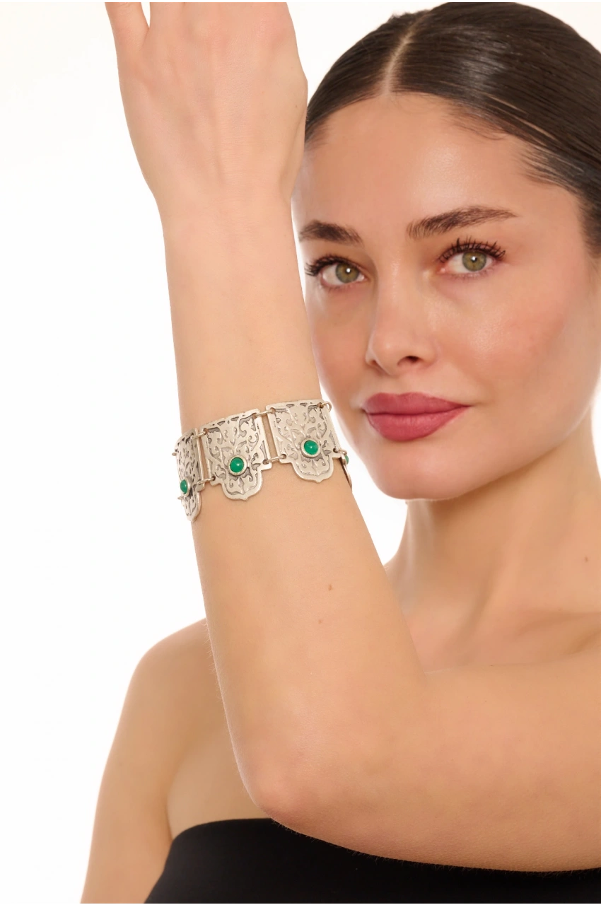 Kiraz Green Stoned Silver Plated Bracelet