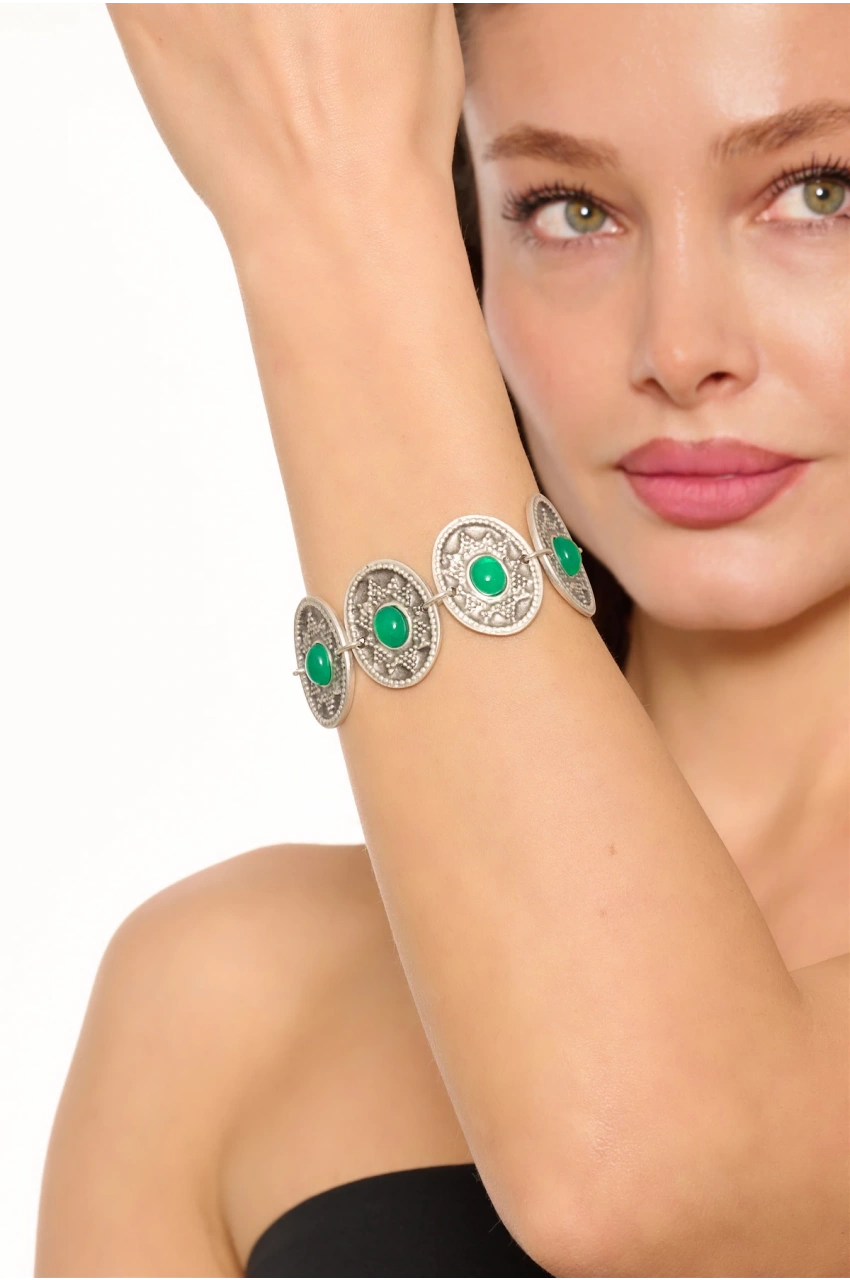 Kiraz Green Stoned Silver Plated Bracelet