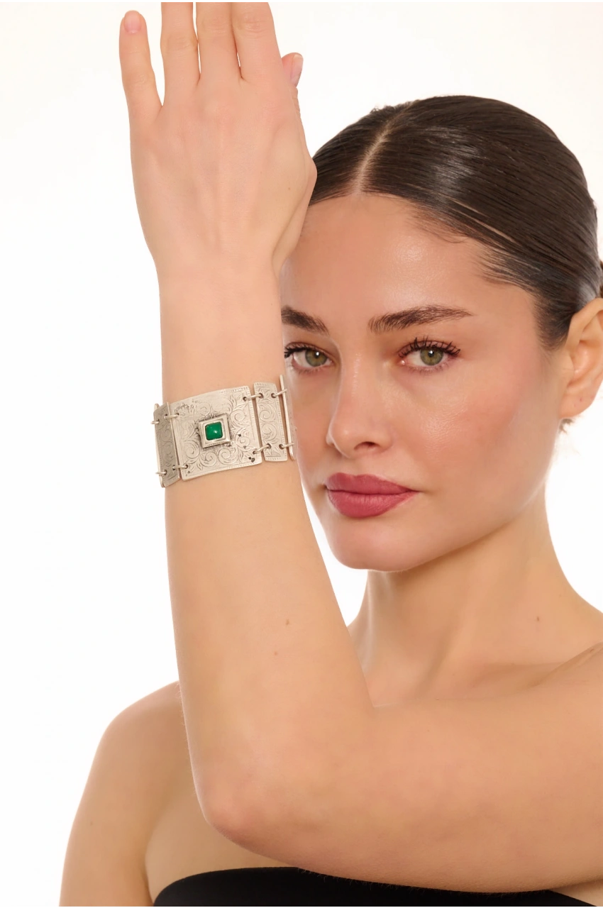 Kiraz Green Stoned Silver Plated Bracelet