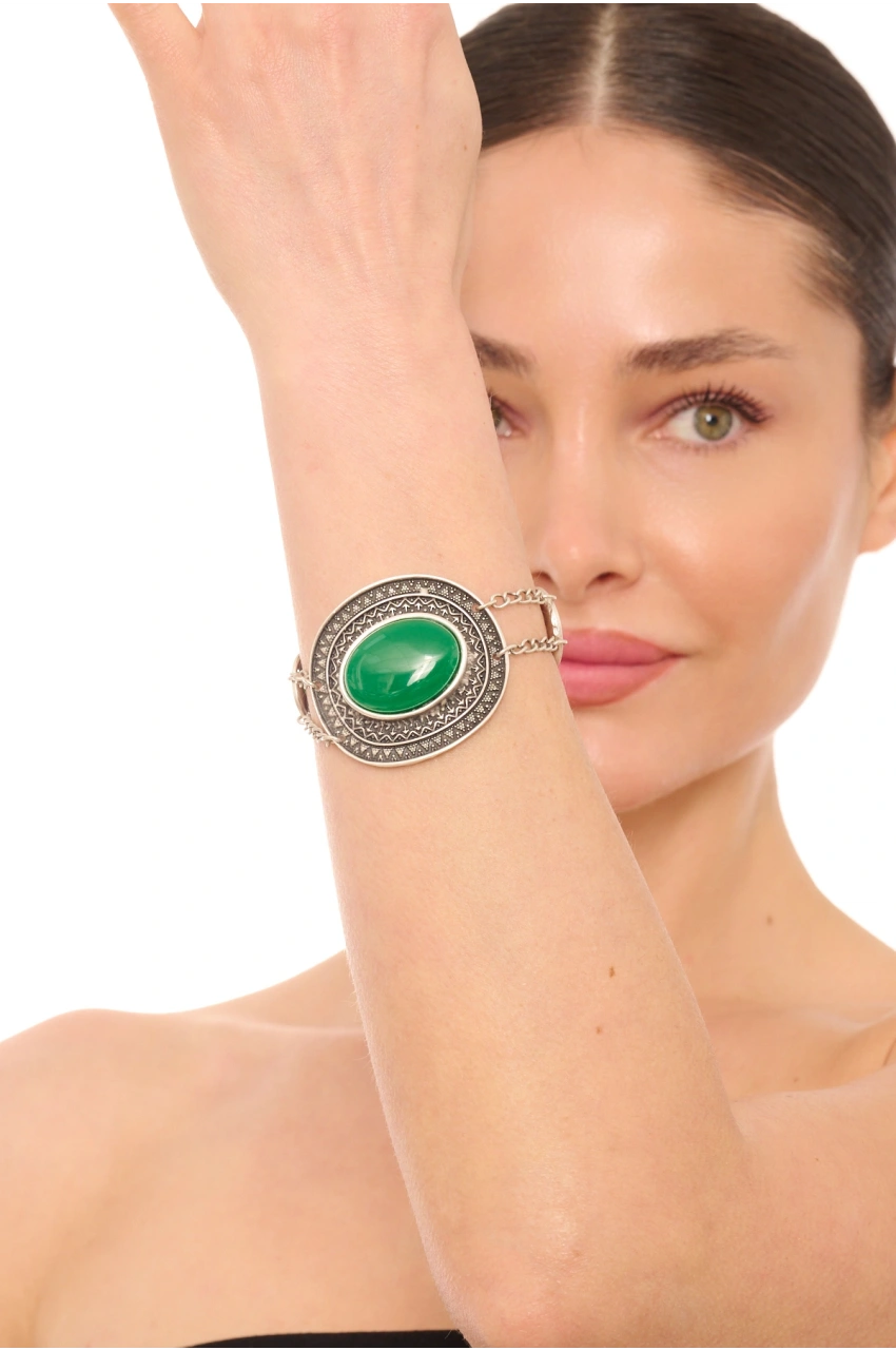 Kiraz Green Stoned Silver Plated Bracelet