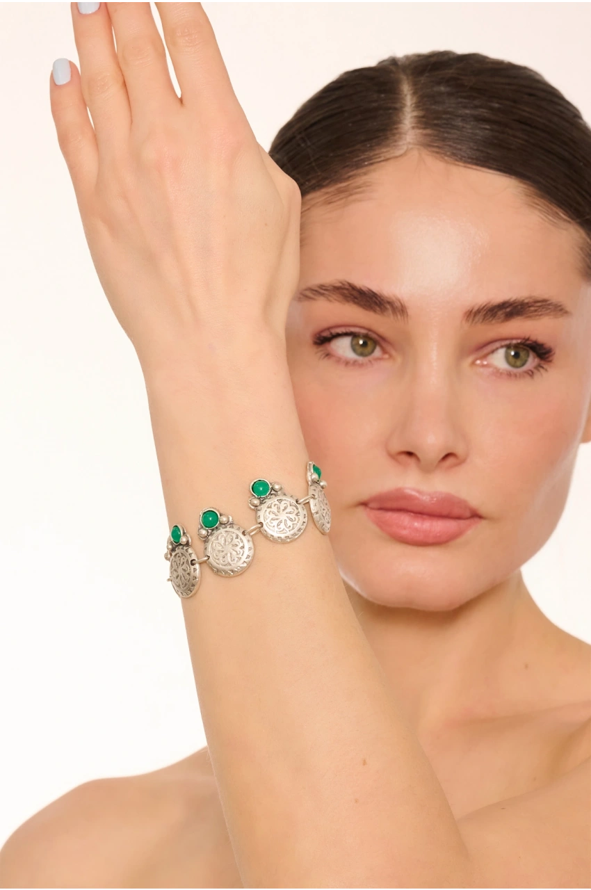 Kiraz Green Stoned Silver Plated Bracelet