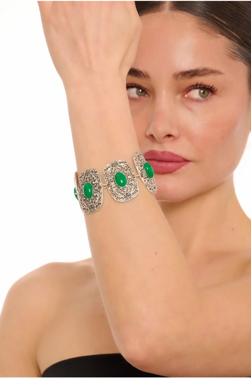Kiraz Green Stoned Silver Plated Bracelet