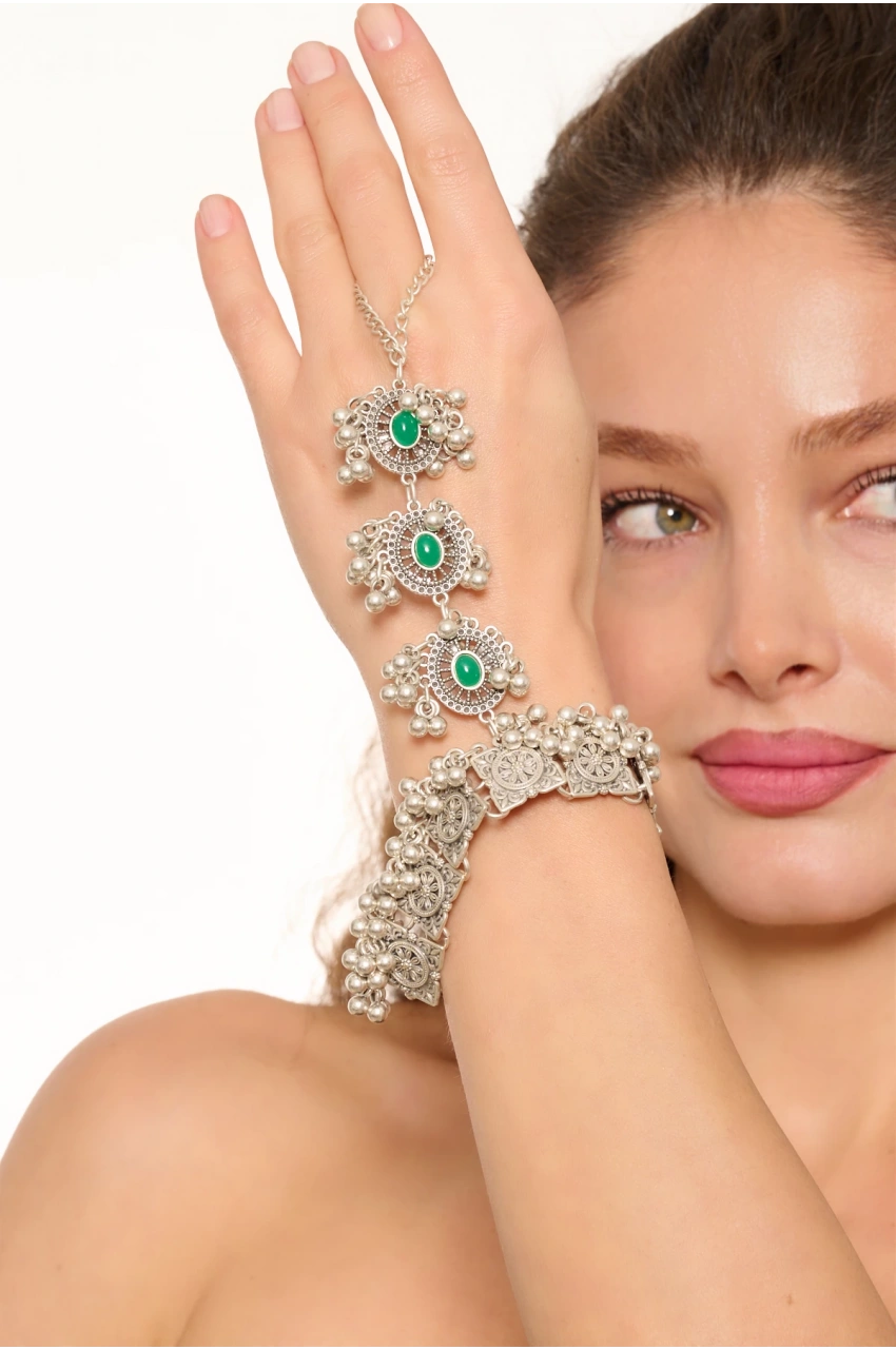 Kiraz Green Stoned Silver Plated Shahmaran Bracelet