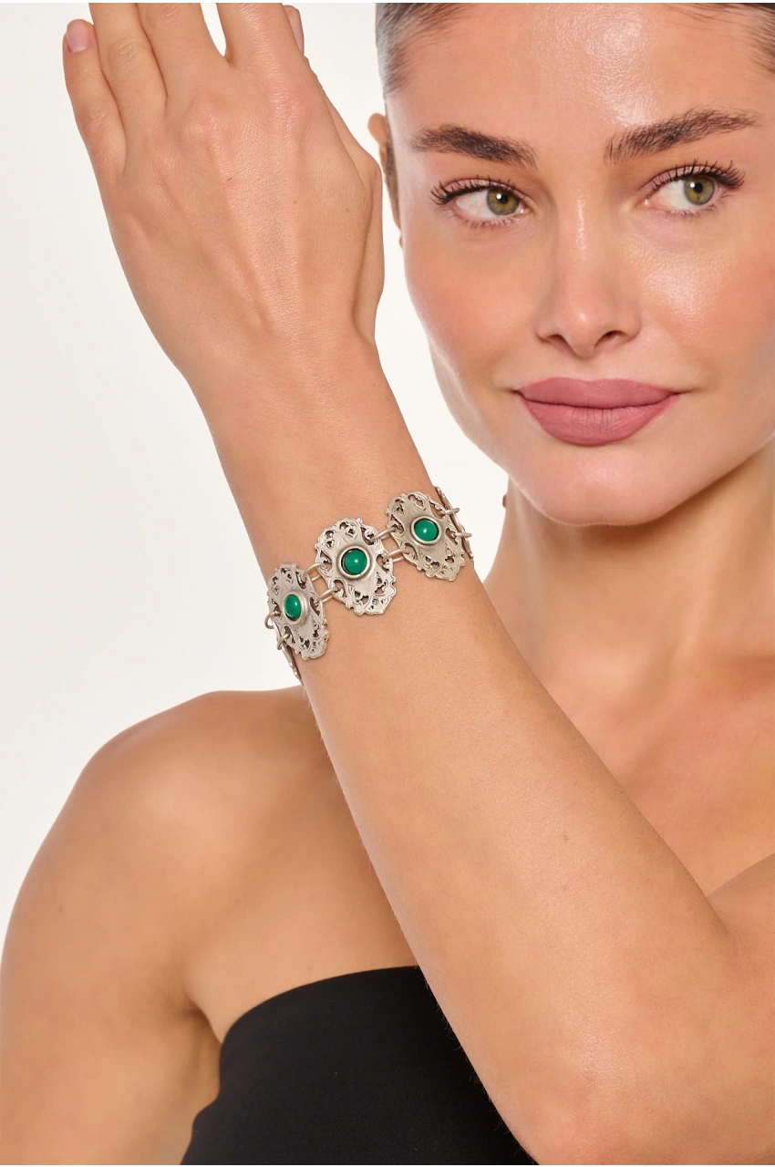 Kiraz Green Stoned Silver Plated Bracelet