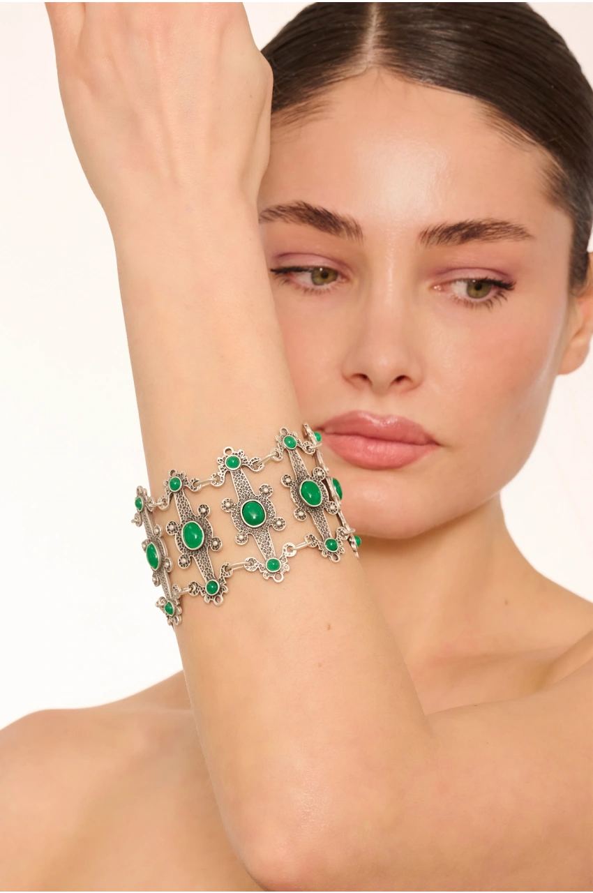 Kiraz Green Stoned Silver Plated Bracelet