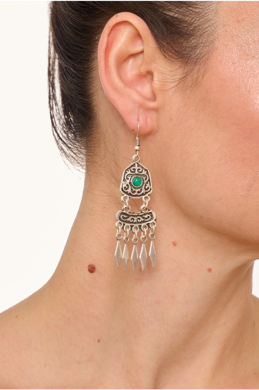 Kiraz Green Stoned Silver Plated Dangling Earring