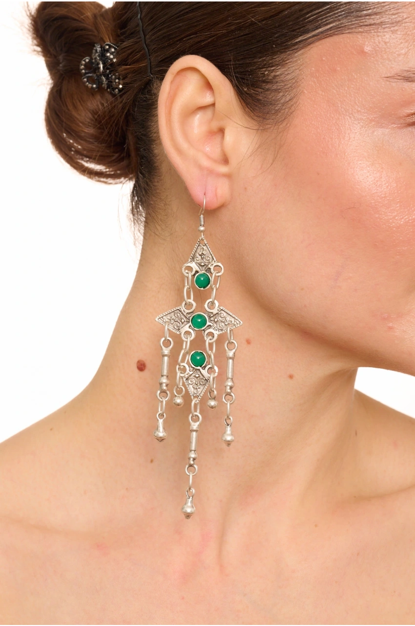 Kiraz Green Stoned Silver Plated Dangling Earring