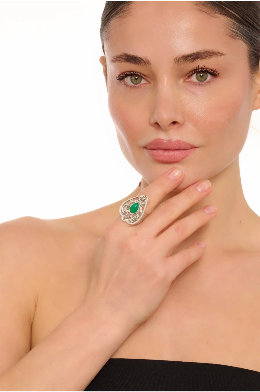 Kiraz Green Stoned Silver Plated Drop Ring
