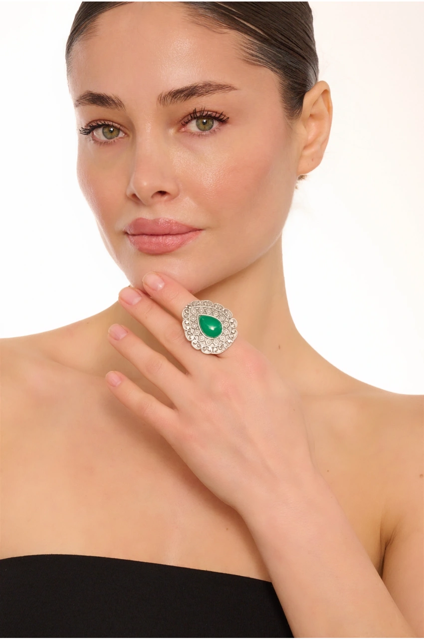 Kiraz Green Stoned Silver Plated Drop Ring