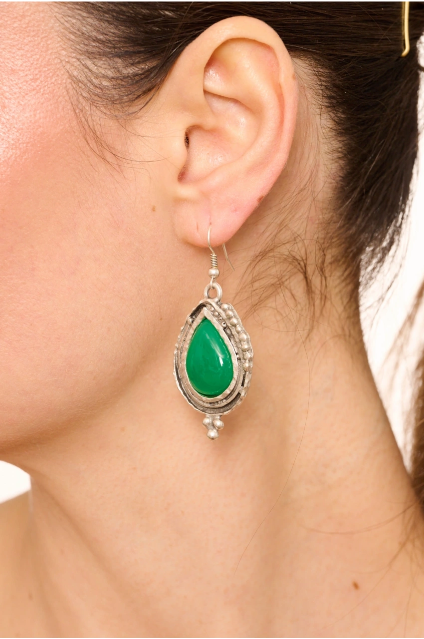 Kiraz Green Stoned Silver Plated Earring