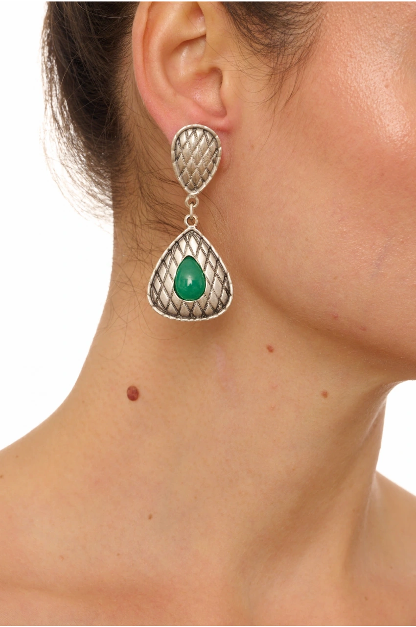 Kiraz Green Stoned Silver Plated Earring