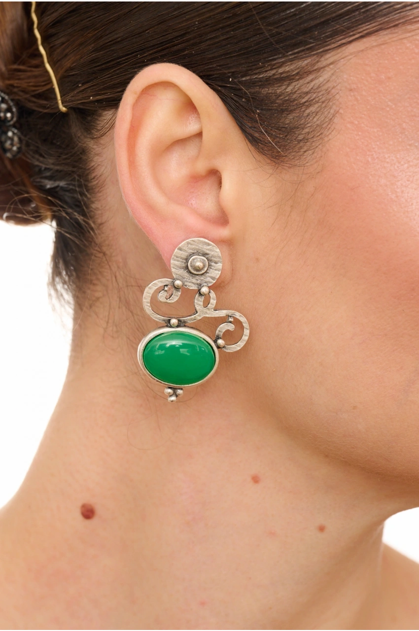 Kiraz Green Stoned Silver Plated Earring