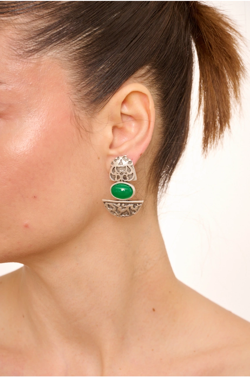 Kiraz Green Stoned Silver Plated Earring