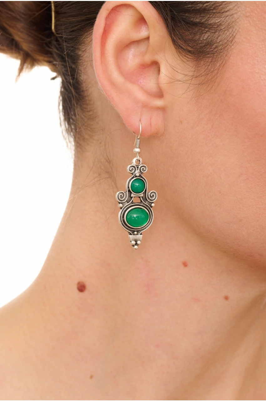 Kiraz Green Stoned Silver Plated Earring