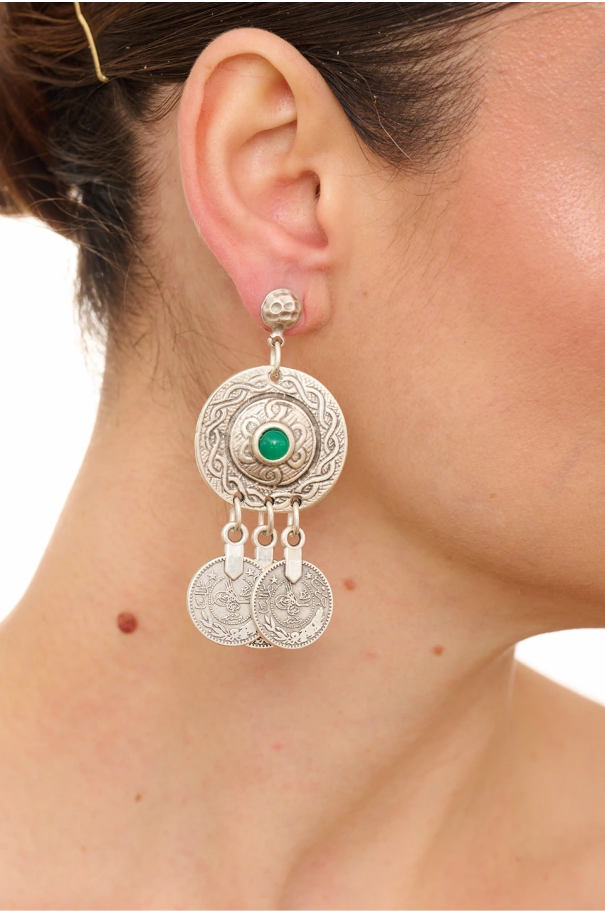 Kiraz Green Stoned Silver Plated Earring