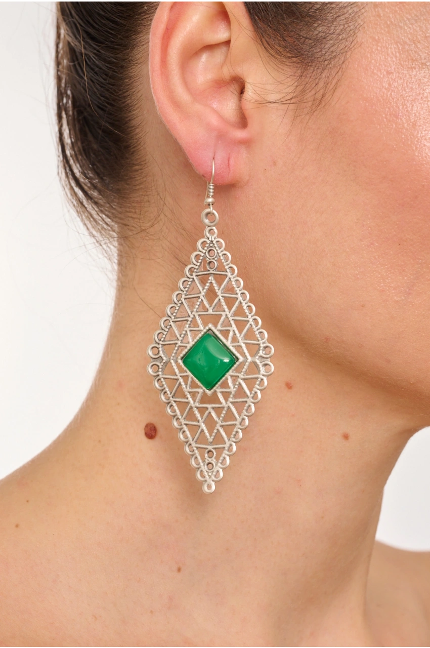 Kiraz Green Stoned Silver Plated Earring