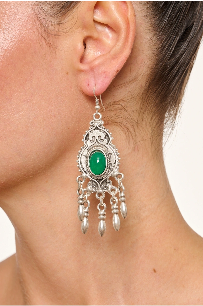 Kiraz Green Stoned Silver Plated Earring