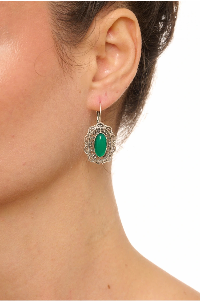 Kiraz Green Stoned Silver Plated Earring