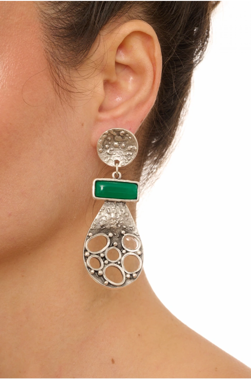 Kiraz Green Stoned Silver Plated Earring