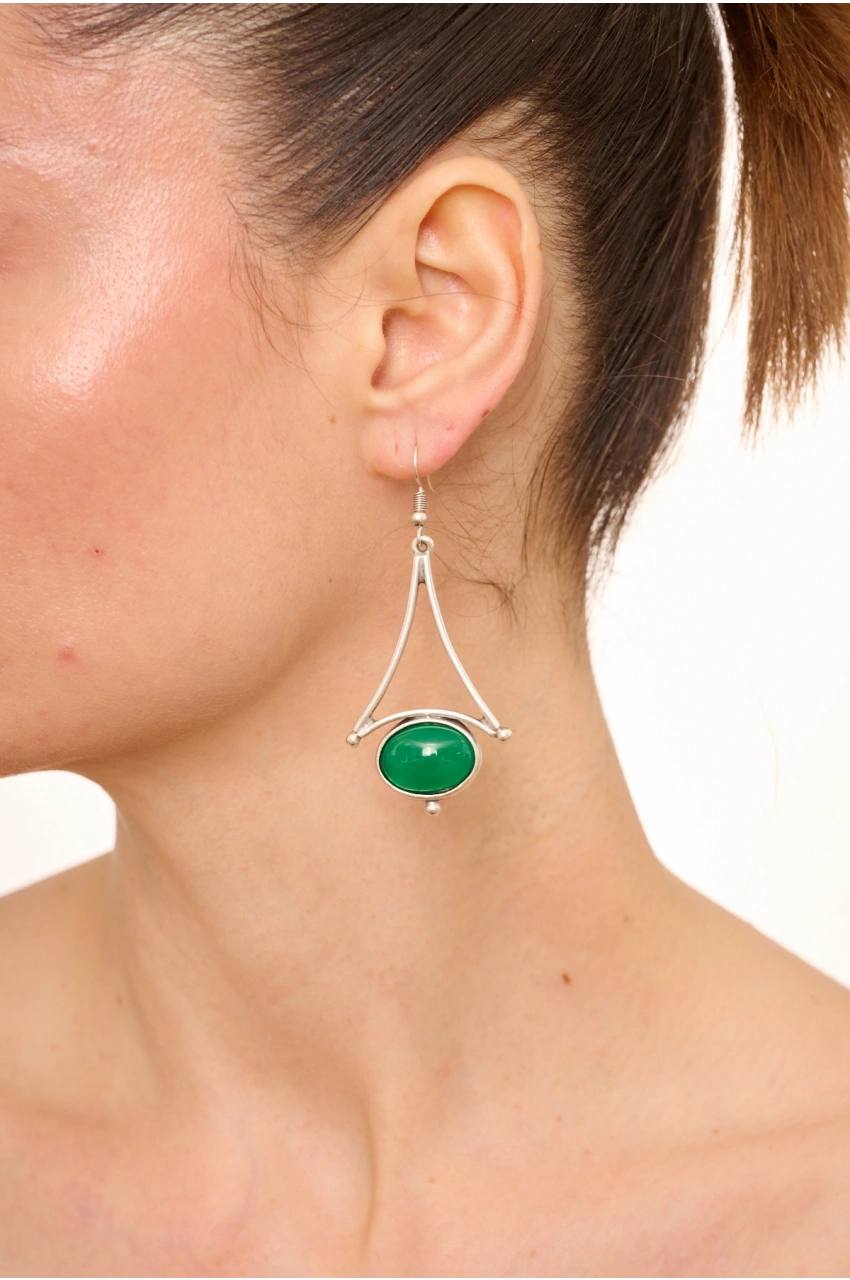 Kiraz Green Stoned Silver Plated Earring