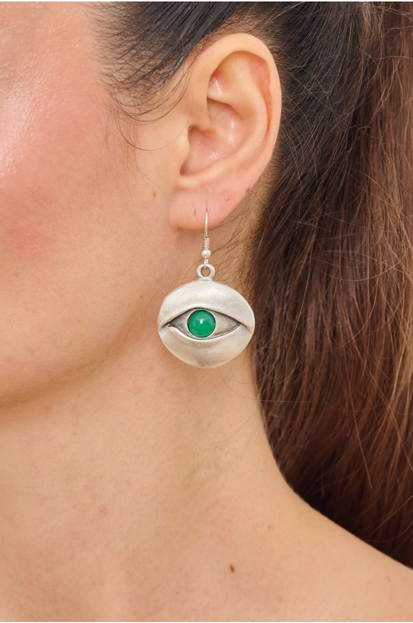 Kiraz Green Stoned Silver Plated Eye Earring