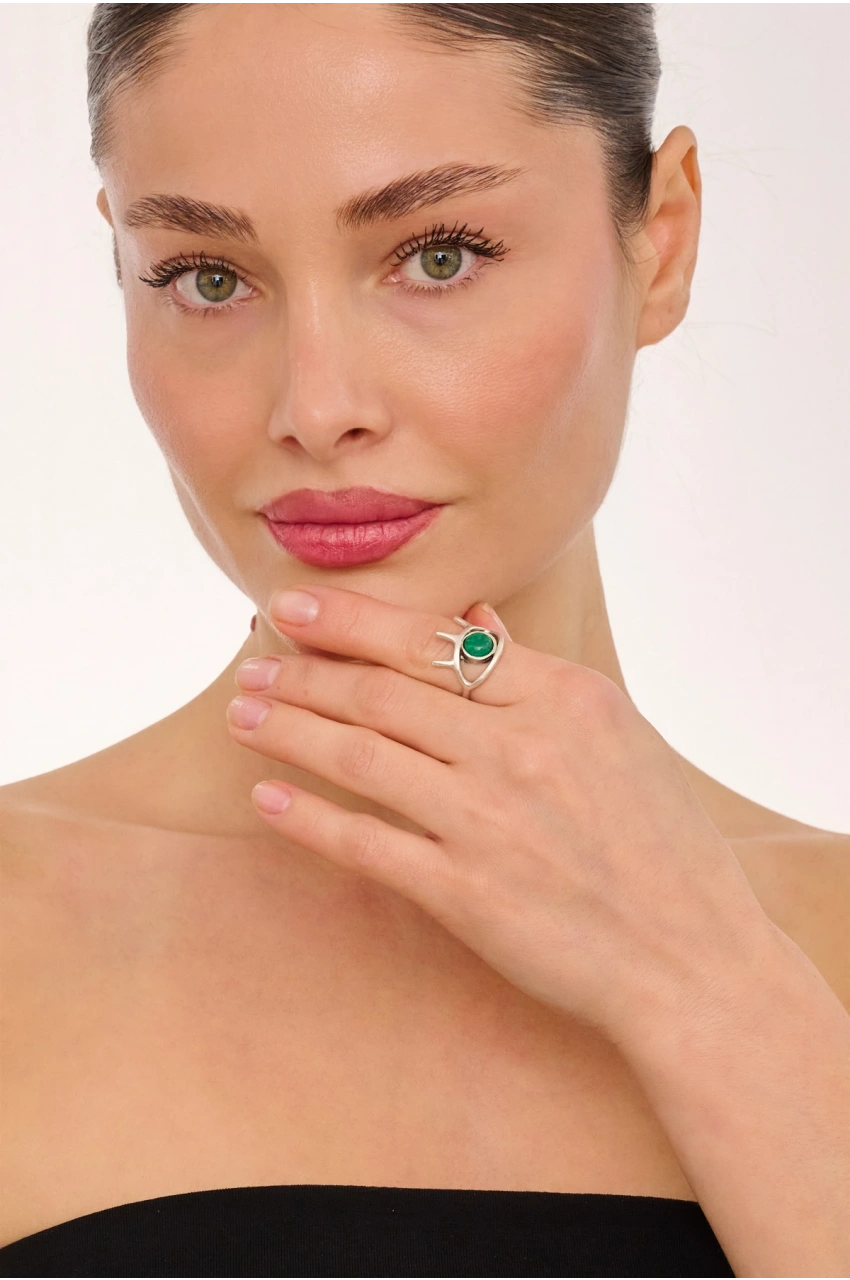 Kiraz Green Stoned Silver Plated Eye Ring