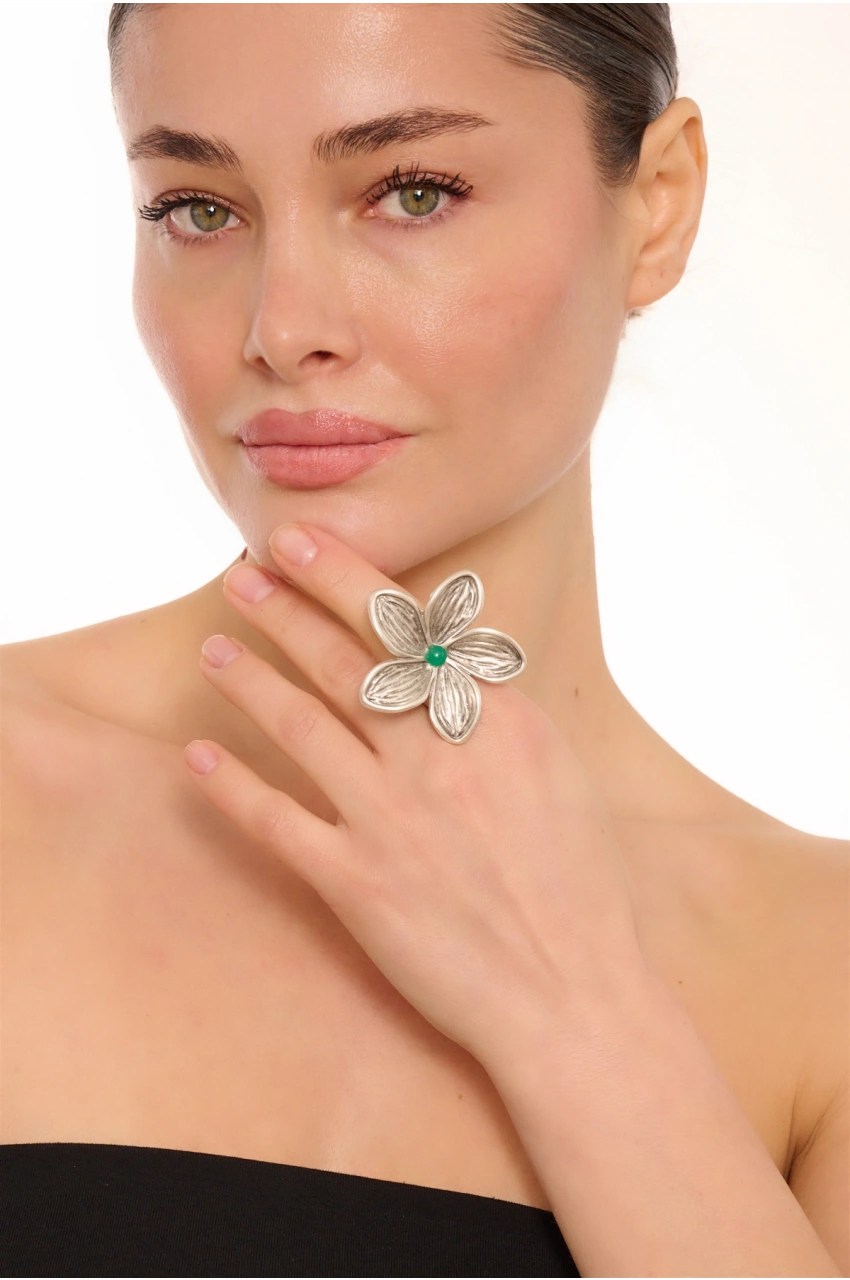 Kiraz Green Stoned Silver Plated Flower Ring