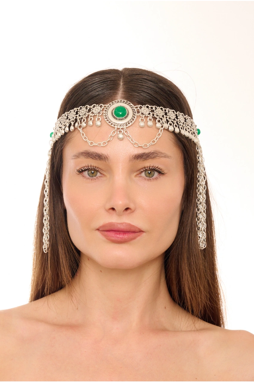 Kiraz Green Stoned Silver Plated Head Accessory