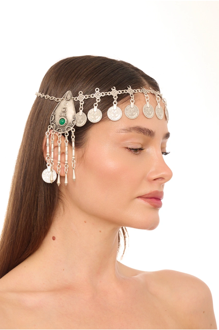 Kiraz Green Stoned Silver Plated Head Accessory