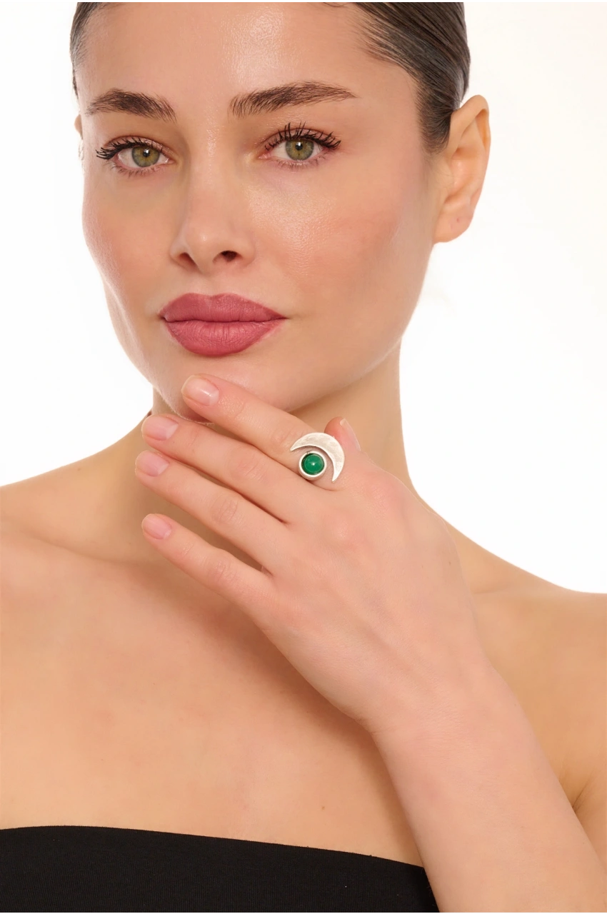 Kiraz Green Stoned Silver Plated Moon Ring