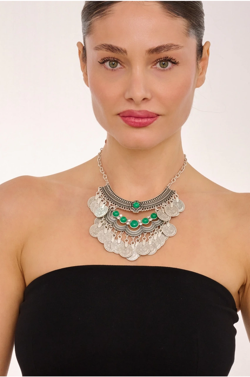 Kiraz Green Stoned Silver Plated Necklace