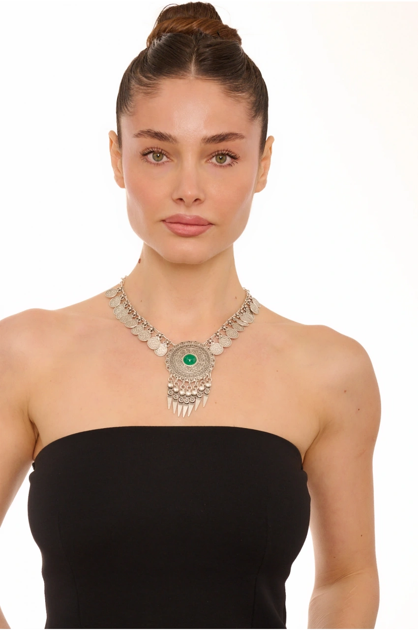 Kiraz Green Stoned Silver Plated Necklace