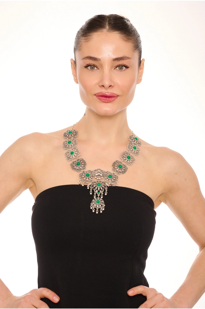 Kiraz Green Stoned Silver Plated Necklace