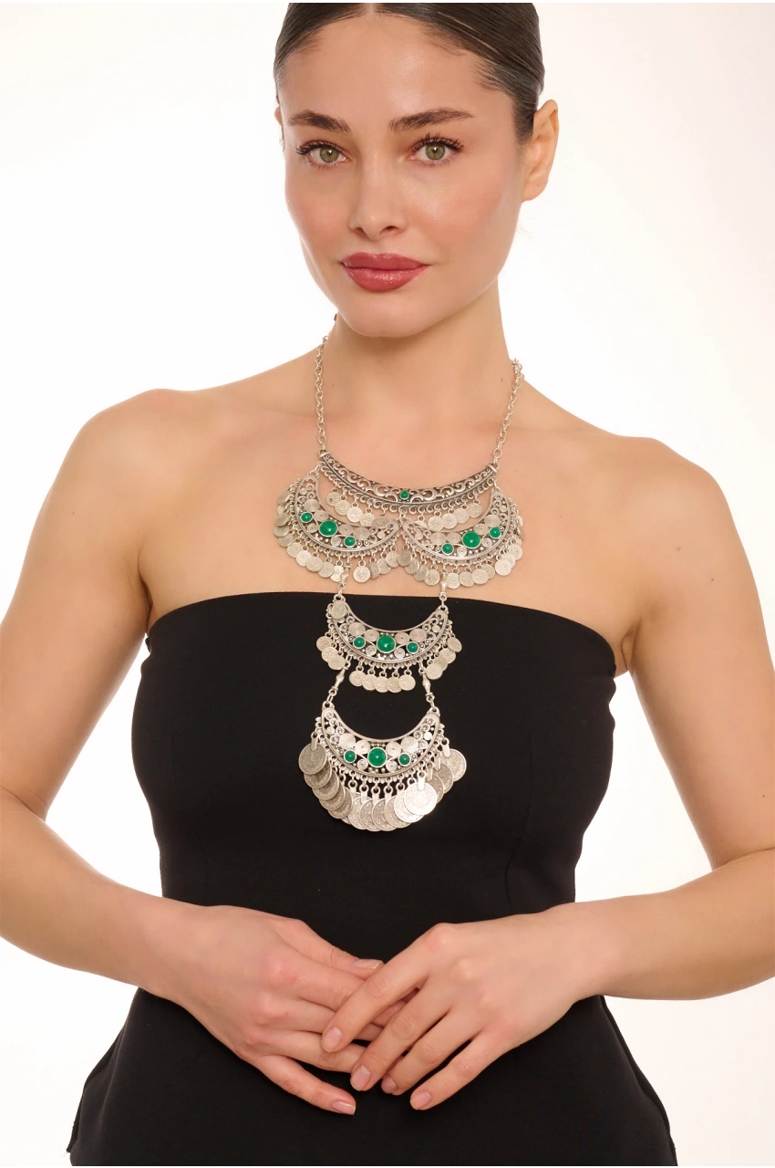 Kiraz Green Stoned Silver Plated Necklace